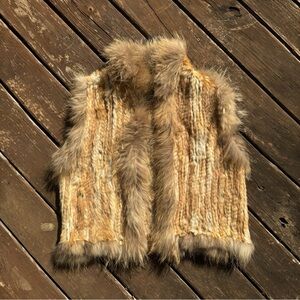 Women’s OVERLAND Brown Beige Genuine Rabbit Raccoon Fur Vest Sz L